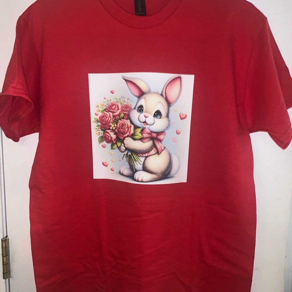 Red T-Shirt with Bunny and Roses Print